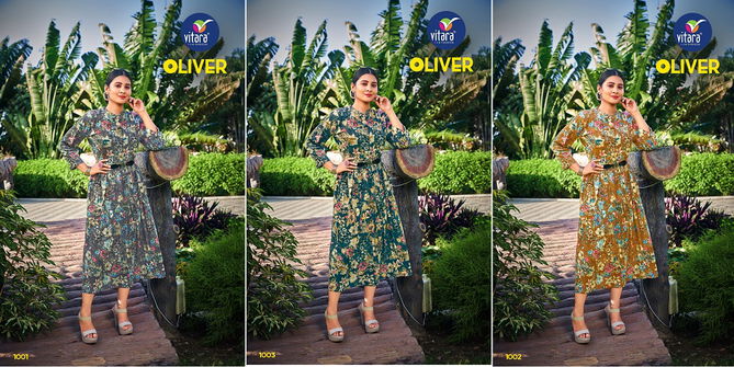 Vitara Oliver Rayon Rinkle Printed Party Wear Kurti Catalog
